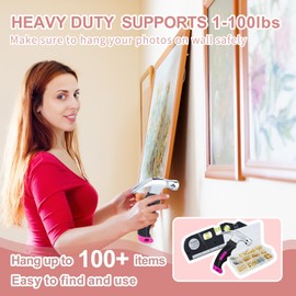 TOYIEW Picture Hanging Kit Tool, 352pcs Hanging Hardware with Heavy Duty Frame Hooks, Wire, Nails, D Rings, Photo Sawtooth Hangers, Wall Art Hanging Kit with Laser Level, Pink Claw Hammer