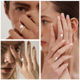 C.Seize 14K Gold Plated X Rings Natural Freshwater Pearl Rings CZ Cross Stacking Dainty Rings for Women Jewelry