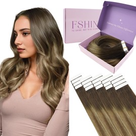 Fshine Tape in Hair Extensions Ombre Darkest Brown Fading to Brown and Caramel Blonde Tape in Human Hair Extensions 14 Inch Soft Remy for Women 20pcs 50 Grams