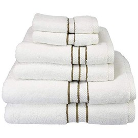 6 Piece Luxurious Absorbent Plush Cozy Crisp Luxury Towels Set, Gorgeous Super Soft 900 GSM Premium Cotton Towels Set, Elegant 2 Ply Construct Striped Border Solid Color White Latte Brown Towels Set
