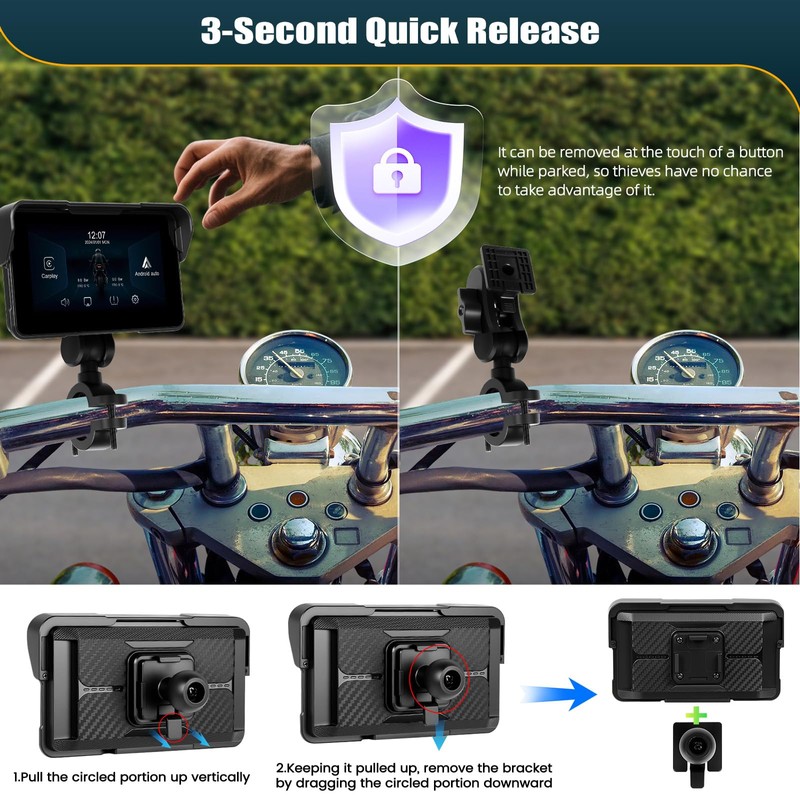 CAMECHO Motorcycle Carplay Navigation Screen with Wireless Carplay Android Car