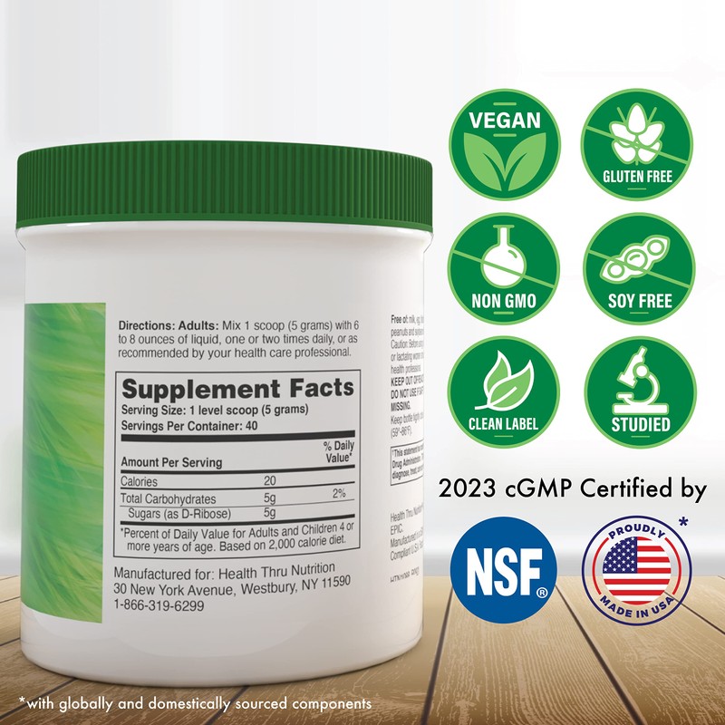 D-Ribose Pure Powder 200g Jar (5g per Serving) Non-GMO/Soy-Free/Gluten Free
