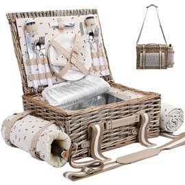 19Pcs Picnic Basket Set for 2 with Insulated Liner and Waterproof Picnic Blanket and Wine Pouch,Cherry Coffee