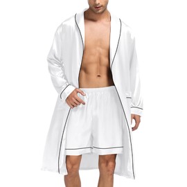 SWOMOG Men's Silk Satin Bathrobe with Shorts Set Pocket Front Long Sleeve Sleepwear Belted Satin Long Robe