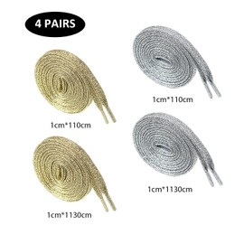 COACOM 4 Pairs Glitter Shoelaces Gold Silver Shiny Shoelaces Flat Shoelaces Polyester Shoe Laces Suitable for Sneakers Canvas Shoes Sports Shoes Pants (110cm+130cm), Gold and Silver