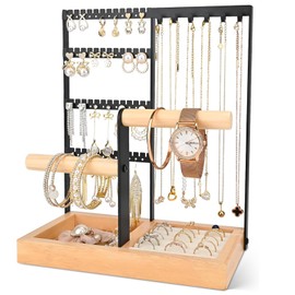 Oenothera Jewellery Stand, Jewellery Organiser Stand, Wooden Ring Organizer, Earring Holder Stand with Tray for Bracelets Watches Earrings Rings, Black