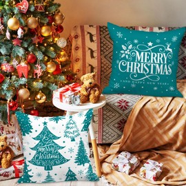Lanpn 40x40 cm Christmas Cushion Covers Set of 4, Cartoon Deer Snowflake Decorative Holiday Pillow Case Pillowcase Cushion 16x16 for Indoor House Sofa Couch Winter Decoration Teal