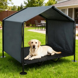 Large Dog House Outdoor with Elevated Dog Bed, Waterproof Dog Shade Shelter with Removable Back Cover, Portable Outside Dog Tent for Camping, Patio & Yard