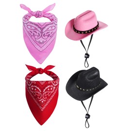 2 Set Dog Cowboy Hat Dog Cowboy Costume for Small Pet Dogs Cat Cowboy Hat with Bandana Scarf Set Party Accessories (Black + Pink, Small)
