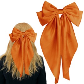 Pufandor Hair Bow Silky Satin Hair Ribbons for Women, Orange Bows for Girls Hair Bowknot Barrettes Long Tails with Clips Big Hair Bows Hair Accessories (Orange 1pc)