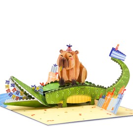 POPWOW Happy Birthday Kid Pop Up Card, Capybara, Alligator, Crocodile, Cute, 3D Greeting Cards, Gifts for Kids, Toddler, Children, Son, Grandson, 5x7 - Includes Envelope And Message Note