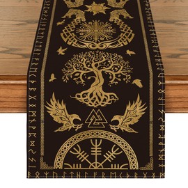 Artoid Mode Wooden Viking Tree of Life Raven Helmet of Awe Table Runner, Seasonal Table Decoration, Indoor, Holiday, Party Decor, 40 x 240 cm