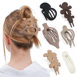FASOTY 6 Pcs Flat Hair Clips Multi-Styles Flat Claw Clips for Thick&Thin Hair Neutral Colors Lay Down Claw Clips Non-Slip French Clips for All Hair Types Flower Butterfly Barrettes for Women Girls