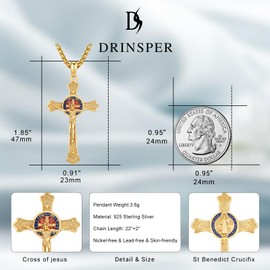 DRINSPER St Benedict Crucifix Medals Necklace Medalla De San Benito 925 Sterling Silver Patron San Benito Medalla Catholic Cross Pendant Religious Amulet Jewelry Gifts for Men Women,Gold
