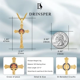 DRINSPER St Benedict Crucifix Medals Necklace Medalla De San Benito 925 Sterling Silver Patron San Benito Medalla Catholic Cross Pendant Religious Amulet Jewelry Gifts for Men Women,Gold