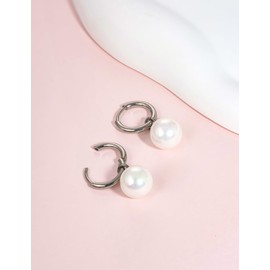 Limerencia Hypoallergenic Pure Titanium Post Lightweight Dangle Huggie Earrings for Women | Vertical Bar, Cross, Moon, Lightning | Dainty Earrings (10mm Pearl)