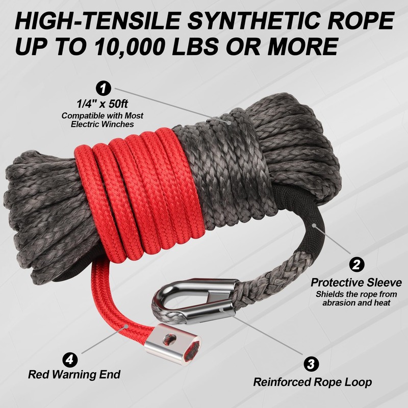 Synthetic Winch Rope Kit - 1/4'' x 50' with 10,000