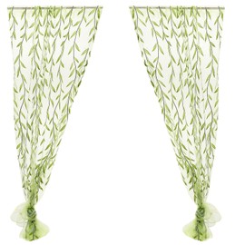 Warmhm Decorative Voile Tulle Sheer Curtain Botanical Curtains Willow Voile Curtain Window Sheer Curtain Willow Window Curtain Green Linen Curtains Window Screen Shower Curtain Rural