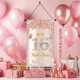 Rose Gold Fabulous Sweet 16 Door Sign for Girls - Pink Happy 16th Birthday Banner & Porch Sign - Front Door Hanger for 16th Birthday Decorations