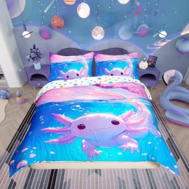 Homemissing Kids Cute Axolotl Bedding Set Single Size Cherry Flower Comforter Cover Set for Boys Girls Cartoon Salamander Duvet Cover Bedspread Cover Room Decor Quilt Cover,No Stuffing