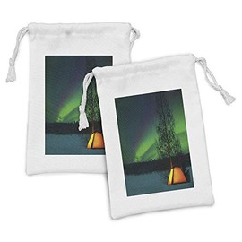 Ambesonne Aurora Borealis Fabric Pouch Set of 2, Camping Tent Under Starry Field Nature Scene Picturesque, Small Drawstring Bag for Toiletries Masks and Favors, 9" x 6", Earth Yellow and Lime Green