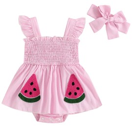 Mubineo Baby Girl Summer Dress Ruffle Fruit Clothes Flutter Sleeveless Smocked Infant Rompers Plaid Boho Dress Outfits (Pink Watermelon, 12-18 Months)