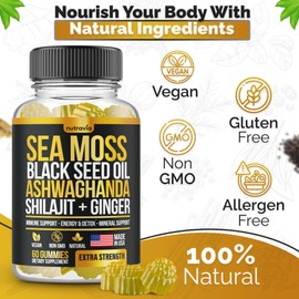Sea Moss, Black Seed Oil, Ashwagandha, Ginger, Shilajit Gummies with Elderberry, Chlorophyll, Turmeric Bladderwrack Sea Moss Gummies Advanced Strength Formula - All in 1 Bundle - USA Made (60 Gummies)