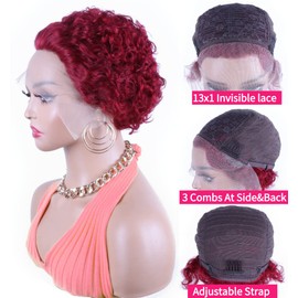 99J# Short Curly Lace Wigs Human Hair Pixie Cut Wig for Black Women 13x1 HD Transparent Pixie Cut Curly Lace Front Wigs Human Hair 150% Density Pre Plucked Glueless Pixie Cut Human Hair Wigs Burgundy