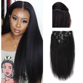 Essent Seamless Clip in Kinky Straight Hair Extensions Real Human Hair, 20 Inch 130g 7pcs Natural Black Hair Extensions Clip in Remy Human Hair Extensions