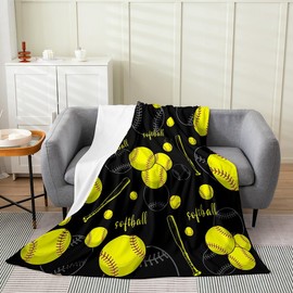 White Softball Bed Blanket Kids Girls Yellow Softball Bat Flannel Blanket Soft Cozy Lightweight Sports Softball Plush Fleece Ball Games Blanket Gifts for Couch Bed Office Sofa(40x50 Inches)