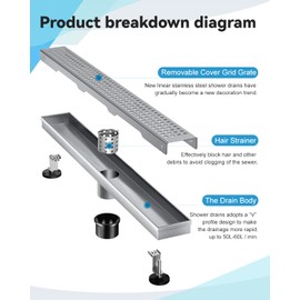 Shower Drain, HTOH Linear Shower Drain 24 Inch(Brushed Nickel),Modern 304 Stainless Steel Shower Floor Drain with Grate Removable, Adjustable Leveling Feet, Rectangular Shower Drain