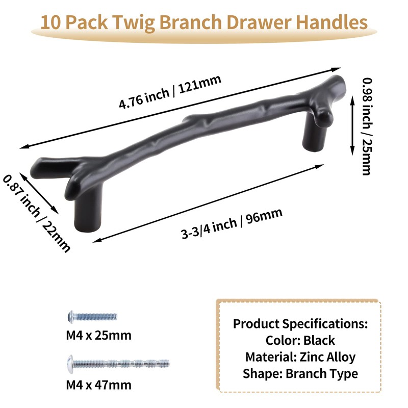 Bivethoi 10 Pack Twig Branch Drawer Handles Black Tree Branch