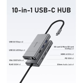 PULWTOP Laptop Docking Station 10 in 1 USB C Hub Multiport Adapter, 1*HDMI 4K 30Hz,VGA, Ethernet, USB 3.0, USB A 2.0, TF/SD, Audio, MacBook Dongle for MacBook Dell Hp Lenovo Laptop Type C Devices