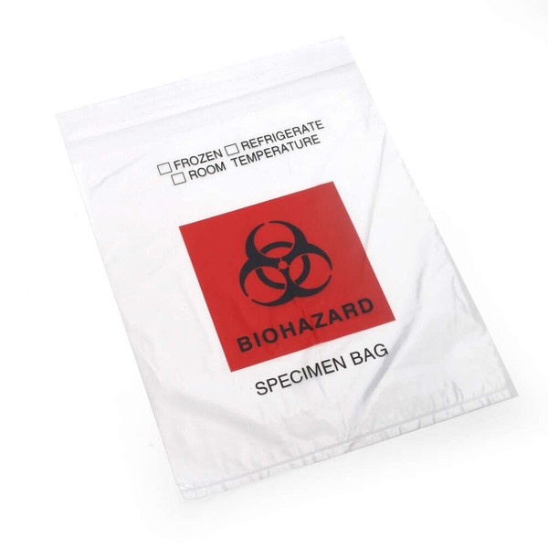 MediChoice Specimen Bag, Biohazard Printed, Zip Closure, Leak Resistant, Polyethylene, 2 Mil, 8 Inch x 10 Inch, Clear (Pack of 100)