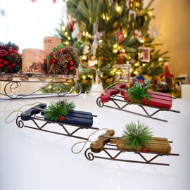 Wood Decorative Sleigh Metal Christmas Decoration Vintage Santa Sleds, Rustic Hanging Ornaments Decorative Sled Indoor Outdoor Holiday Decor for Farmhouse Yard Home Wall Decor