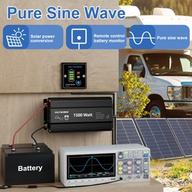 Power Inverter 1500Watt Pure Sine Wave Inverter 12V to 110V 120V AC with UL Fuses Compatible with Lithium Battery for Home RV Truck Off-Grid Solar with 15FT Battery Level Monitor Remote by VOLTWORKS