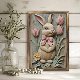 Rustic Long Wooden Framed Art " Carved Bunny Rabbit Tulips Flower Wood Decor " Farmhouse Style Wall Decor Sign for Tabletop Or Hanging - Durable Handcrafted Wood Print - Home & Office Decoration