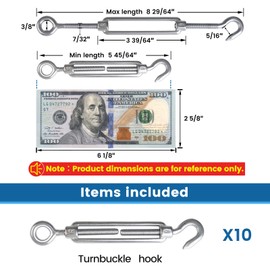 Muzata 10 Pack M6 Turnbuckle Stainless Steel Turnbuckles for Cable Wire Hook and Eye Cable Tensioner Heavy Duty Wire Rope Tension Hardware Kit for DIY String Light Hanging CN11