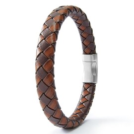 Silverso Men's Leather Bracelet with Stainless Steel Clasp，8.2" Brown Woven