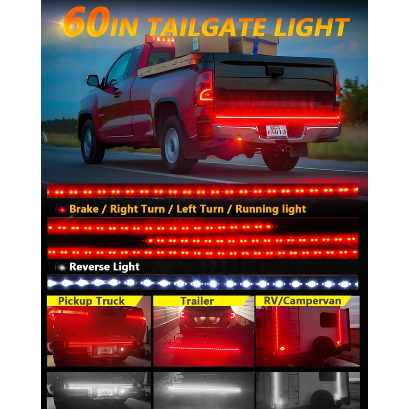 60inch Truck Tailgate Light Strip Bar, White/Red Reverse Light Brake