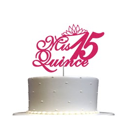 Mis Quince - Decoración para tartas con purpurina de quinceañera, 15 ideas de decoración para fiestas de cumpleaños, decoración de alta calidad, purpurina resistente de doble cara, palo acrílico. Fabricado en Estados Unidos (fucsia)
