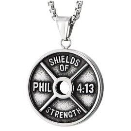 COOLSTEELANDBEYOND Men's Stainless Steel Philippians 4:13 Pendant Necklace, Shield of Strength Weight Plate Medal, Stainless Steel, No Gemstone