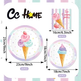 Watercolor Ice Cream Paper Plates Napkins Summer Icy Dessert Disposable Tableware Set Party Supplies Fancy Ice Cream Theme Dinnerware Sets Serves 24 Guests for Party Plates Napkins 88PCS