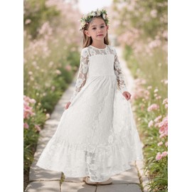 ALLOVIN Long Sleeve Boho Lace Flower Girl Dress, A-Line Ruffle Wedding Baptism Party Dress for Girls 3-12 Years | White | 8-9Y