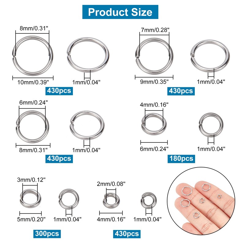 PandaHall Elite 1 Box 4/5/6/8/9/10mm Mixed 304 Stainless Steel Open