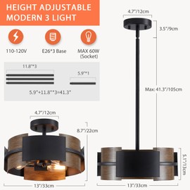 Majhoiw Modern Dining Room Light Fixture Rustic Round 3-Light Pendant Light for Bedroom Foyer Hallway Corridor Dining Room Kitchen 13" Wood Grain