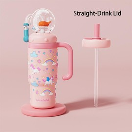 comobebe 【COMOBEBE】24oz Stainless Steel Whale Fountain Tumbler – Adorable Pattern Designs, Spill-Proof, Dual Lids, Dishwasher Safe, Perfect for Kids & Adults - Color: Pink+ direct-drink straw tip