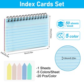 Revision Cards, 100 Sheets Lined Flash Cards Spiral-Bound, Index Cards 3X5 Inches, 2 Packs Coloured Note Cards and Index Tabs, Tearable Record Cards Paper for Office, Home, School, Study Essentials