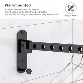 HJIAMA Foldable Clothes Rail, 90° Clothes Rail, Wall Mounted Clothes Rail, Black, with Hooks, for Clothes Airers on Balconies, Wardrobes, Bathrooms and Hotels