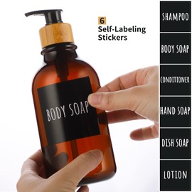 Segbeauty Soap Dispenser, 2 Pieces 500 ml Soap Dispenser Set with Bamboo Pump and Waterproof Labels, Plastic Refillable Shampoo Conditioner Lotion Hand Soap Bottle for Kitchen and Bathroom, Amber